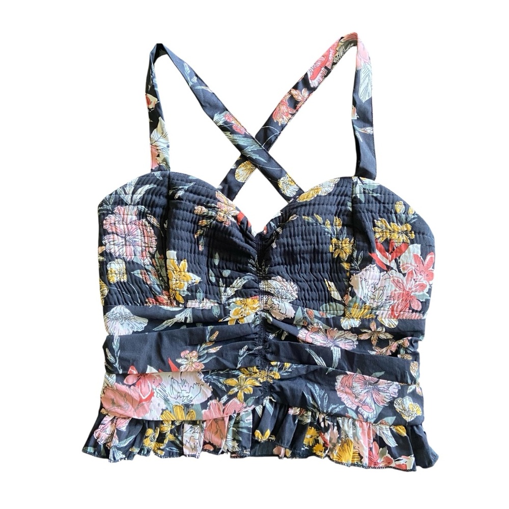 NWT BOG Collective Women’s Ruffle Floral Boho Black Pink Crop Tank Top Size XS
